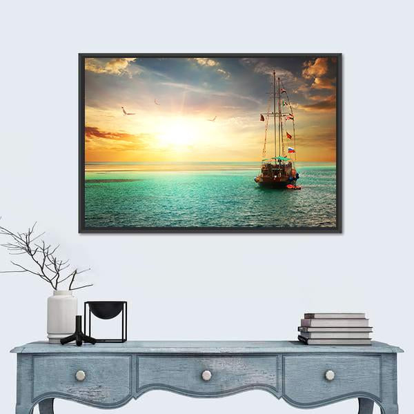 Sunset Over Yacht In The Sea Canvas Wall Art-1 Piece-Floating Frame-24" x 16"-Tiaracle