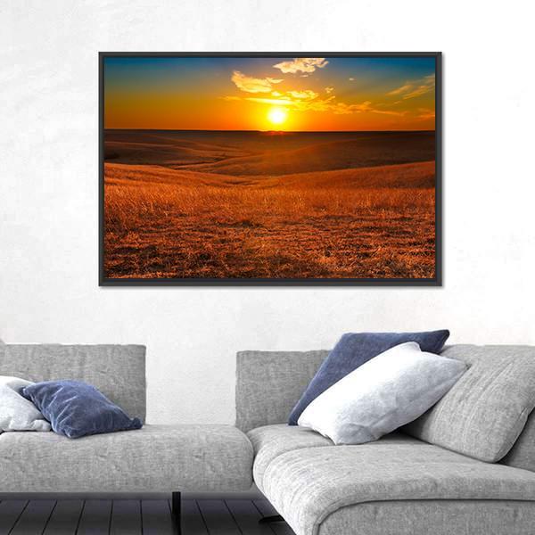 Sunset Over Flint Hills, Kansas Canvas Wall Art in brown, orange and yellow, framed canvas, product view on a white background