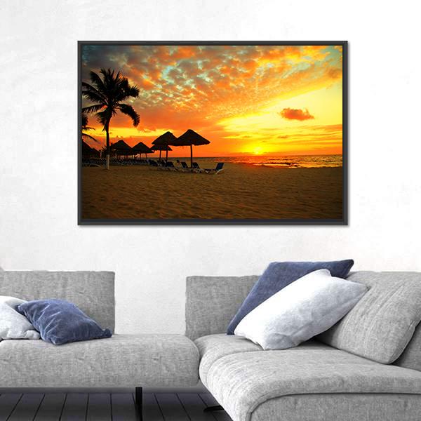 Sunset Scene At Tropical Beach Resort Silhouette Canvas Wall Art-5 Horizontal-Gallery Wrap-22" x 12"-Tiaracle