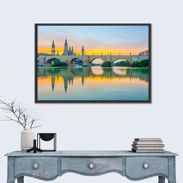 Sunset View Of Basilica De Nuestra Senora De Pilar Canvas Wall Art-1 Piece-Floating Frame-24" x 16"-Tiaracle