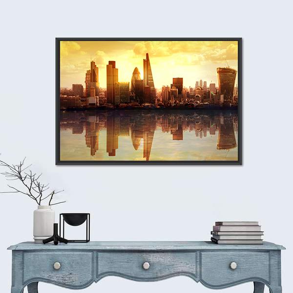 Sunset View On business Modern District Canvas Wall Art-1 Piece-Floating Frame-24" x 16"-Tiaracle