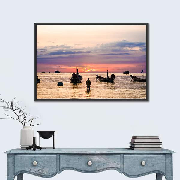 Sunset With Boat On Sea Beach Canvas Wall Art-1 Piece-Floating Frame-36" x 24"-Tiaracle