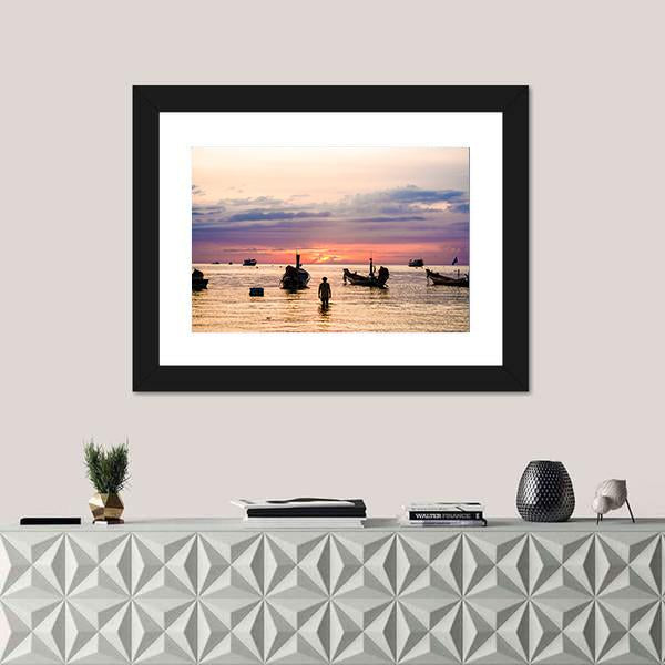 Sunset With Boat On Sea Beach Canvas Wall Art-1 Piece-Framed Print-30" x 20"-Tiaracle
