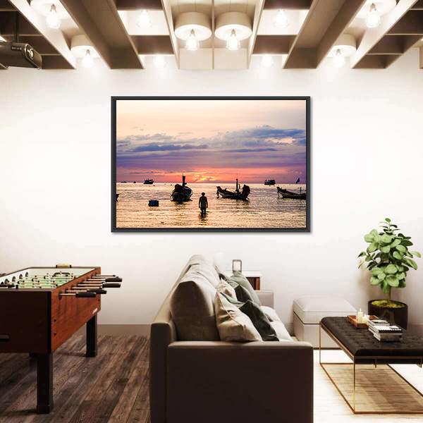 Sunset With Boat On Sea Beach Canvas Wall Art-5 Horizontal-Gallery Wrap-22" x 12"-Tiaracle