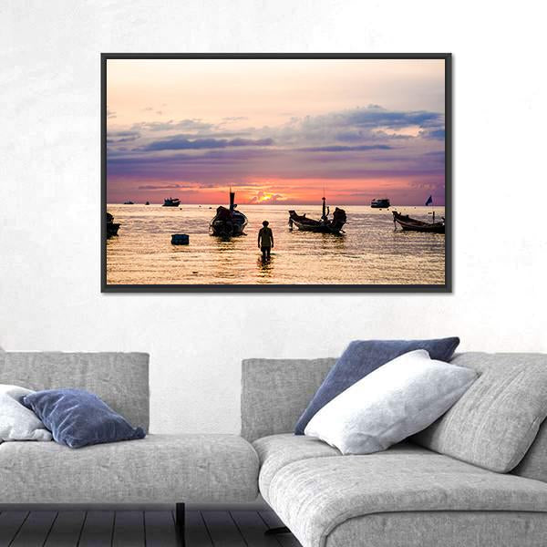 Sunset With Boat On Sea Beach Canvas Wall Art-5 Horizontal-Gallery Wrap-22" x 12"-Tiaracle