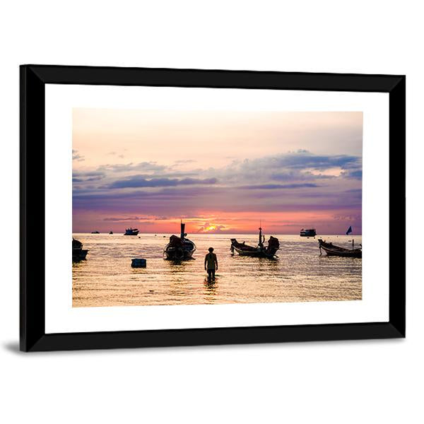 Sunset With Boat On Sea Beach Canvas Wall Art-5 Horizontal-Gallery Wrap-22" x 12"-Tiaracle