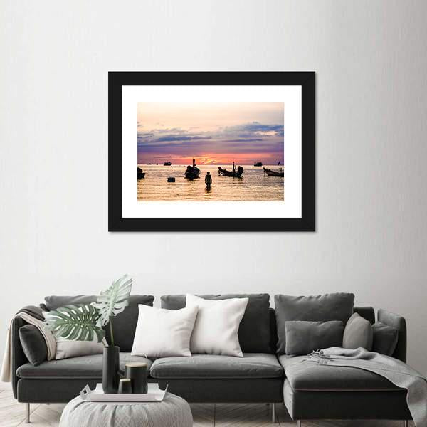 Sunset With Boat On Sea Beach Canvas Wall Art-5 Horizontal-Gallery Wrap-22" x 12"-Tiaracle