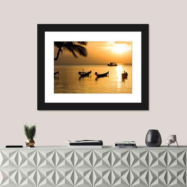Sunset With Palm And Boats On Tropical Beach Canvas Wall Art-1 Piece-Framed Print-20" x 16"-Tiaracle