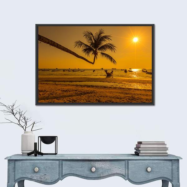 Sunset With Palm In Ko Tao Island Canvas Wall Art-1 Piece-Floating Frame-24" x 16"-Tiaracle