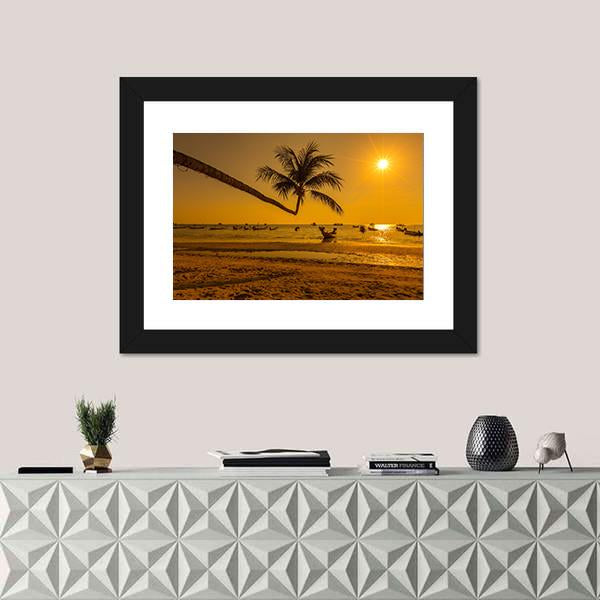 Sunset With Palm In Ko Tao Island Canvas Wall Art-1 Piece-Framed Print-20" x 16"-Tiaracle