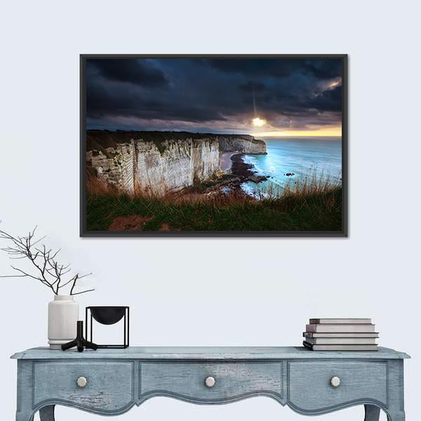 Sunshine And Storm Sky Over Cliffs In Ocean Canvas Wall Art-1 Piece-Floating Frame-24" x 16"-Tiaracle