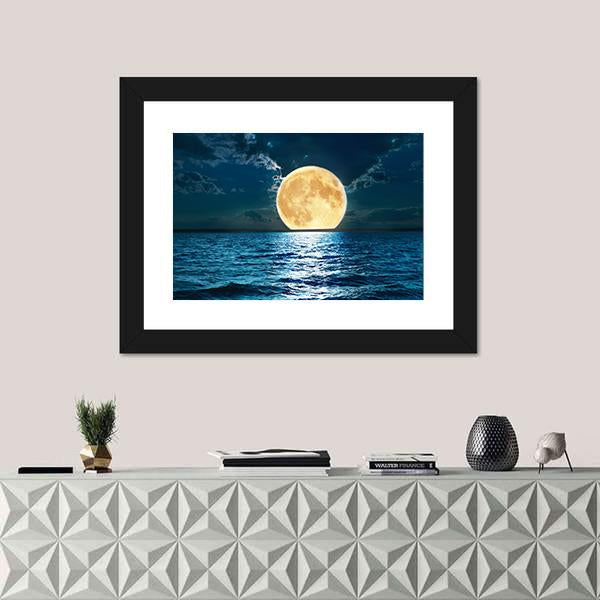 Super Moon Over Water Canvas Wall Art-1 Piece-Framed Print-20" x 16"-Tiaracle