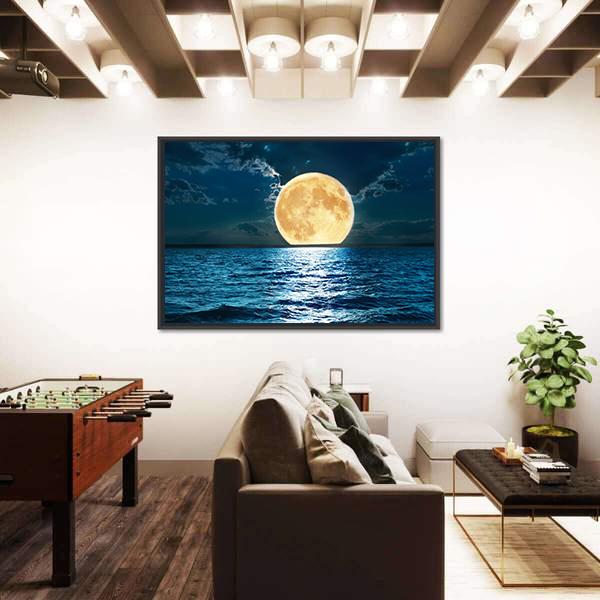Super Moon Over Water Canvas Wall Art-5 Horizontal-Gallery Wrap-22" x 12"-Tiaracle