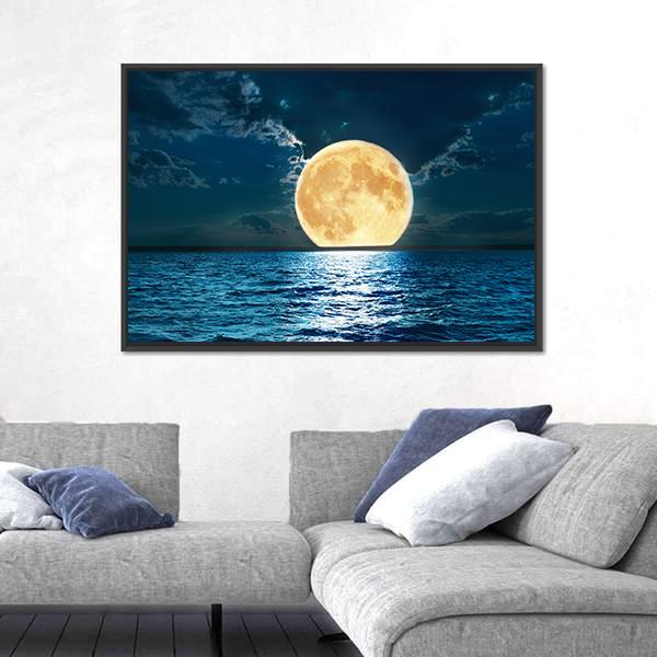 Super Moon Over Water Canvas Wall Art-5 Horizontal-Gallery Wrap-22" x 12"-Tiaracle