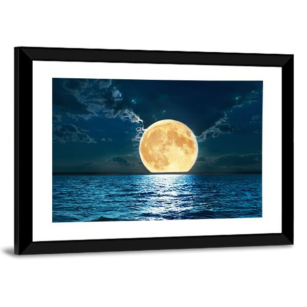 Super Moon Over Water Canvas Wall Art-5 Horizontal-Gallery Wrap-22" x 12"-Tiaracle
