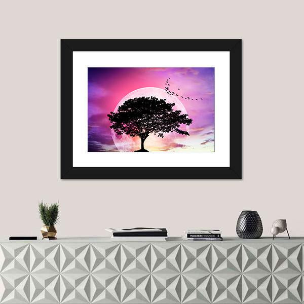 Super Moon With Tree Canvas Wall Art-1 Piece-Framed Print-42" x 14"-Tiaracle