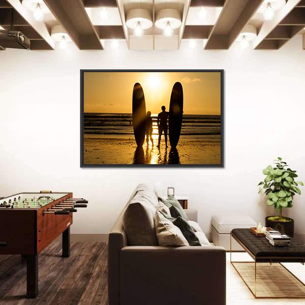 Surfer Couple Holding Long Surf Boards At Sunset On Beach Canvas Wall Art-5 Horizontal-Gallery Wrap-22" x 12"-Tiaracle