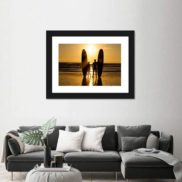 Surfer Couple Holding Long Surf Boards At Sunset On Beach Canvas Wall Art-5 Horizontal-Gallery Wrap-22" x 12"-Tiaracle