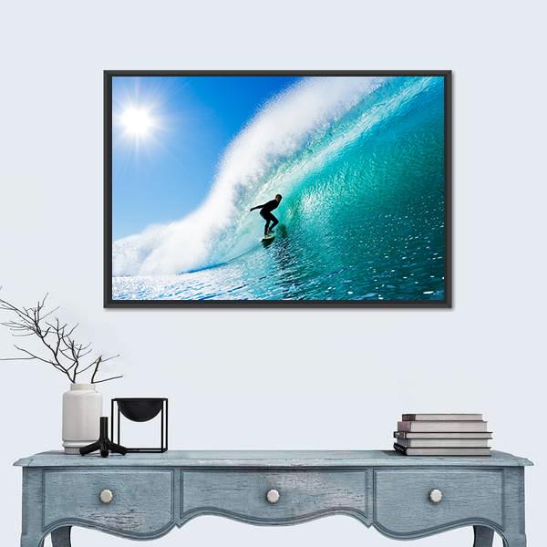 Surfer On Blue Ocean Wave Canvas Wall Art-1 Piece-Floating Frame-24" x 16"-Tiaracle
