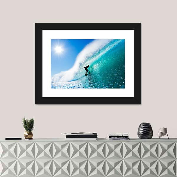 Surfer On Blue Ocean Wave Canvas Wall Art-1 Piece-Framed Print-36" x 24"-Tiaracle