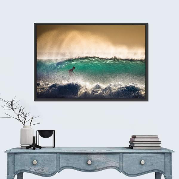 Surfer On Blue Ocean Wave in Bali Indonesia Canvas Wall Art-1 Piece-Floating Frame-24&quot; x 16&quot;-Tiaracle