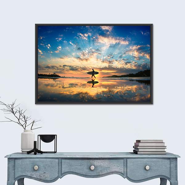 Surfer On Sea Shore Canvas Wall Art-1 Piece-Floating Frame-24&quot; x 16&quot;-Tiaracle