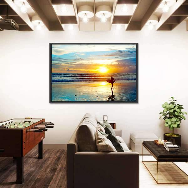 Surfer On The Ocean Beach At Sunset On Bali Island Indonesia Canvas Wall Art-5 Horizontal-Gallery Wrap-22" x 12"-Tiaracle