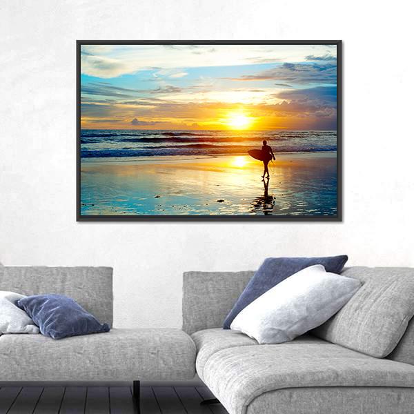 Surfer On The Ocean Beach At Sunset On Bali Island Indonesia Canvas Wall Art-5 Horizontal-Gallery Wrap-22" x 12"-Tiaracle