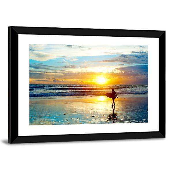 Surfer On The Ocean Beach At Sunset On Bali Island Indonesia Canvas Wall Art-5 Horizontal-Gallery Wrap-22" x 12"-Tiaracle