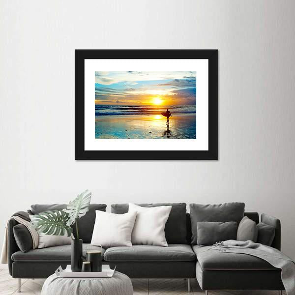 Surfer On The Ocean Beach At Sunset On Bali Island Indonesia Canvas Wall Art-5 Horizontal-Gallery Wrap-22" x 12"-Tiaracle