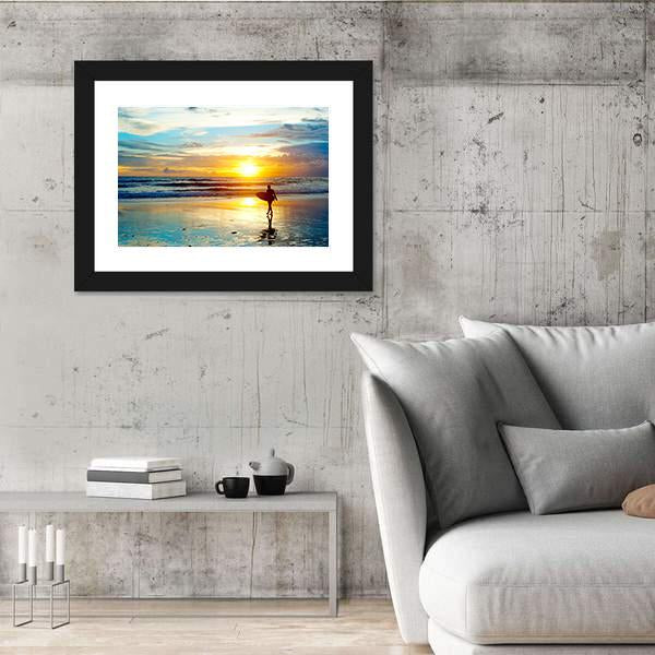 Surfer On The Ocean Beach At Sunset On Bali Island Indonesia Canvas Wall Art-5 Horizontal-Gallery Wrap-22" x 12"-Tiaracle