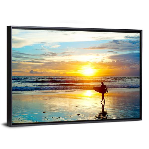 Surfer On The Ocean Beach At Sunset On Bali Island Indonesia Canvas Wall Art-5 Horizontal-Gallery Wrap-22" x 12"-Tiaracle