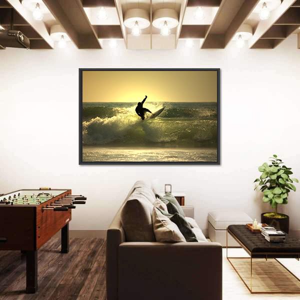 Surfer Surfing At Sunset Canvas Wall Art-5 Horizontal-Gallery Wrap-22" x 12"-Tiaracle