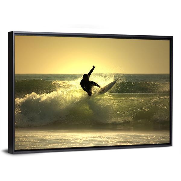 Surfer Surfing At Sunset Canvas Wall Art-5 Horizontal-Gallery Wrap-22" x 12"-Tiaracle