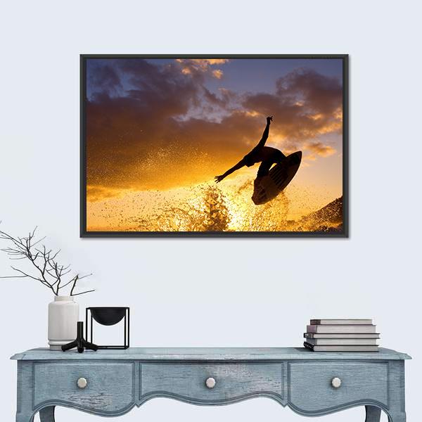 Surfing At Sunset Canvas Wall Art-1 Piece-Floating Frame-24" x 16"-Tiaracle