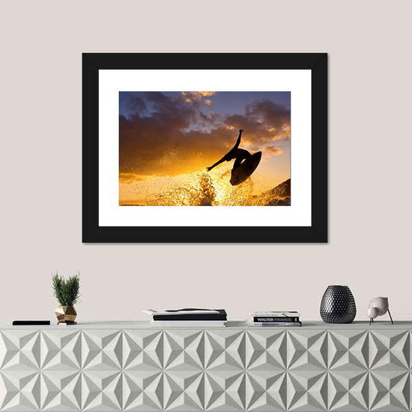 Surfing At Sunset Canvas Wall Art-1 Piece-Framed Print-20" x 16"-Tiaracle