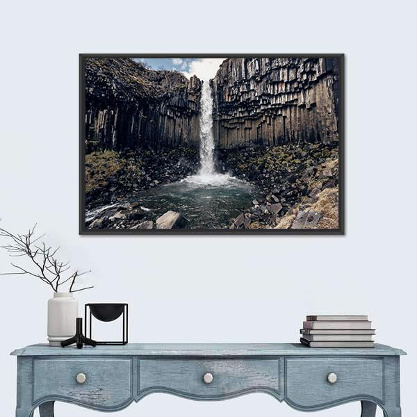 Svartifoss Black Waterfall Canvas Wall Art-1 Piece-Floating Frame-24" x 16"-Tiaracle