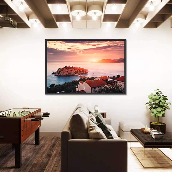 Sveti Stefan Island At Sunrise Canvas Wall Art-5 Horizontal-Gallery Wrap-22" x 12"-Tiaracle