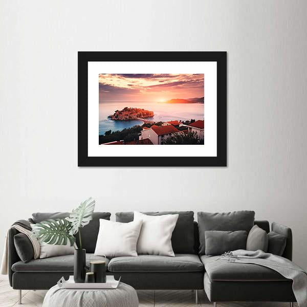 Sveti Stefan Island At Sunrise Canvas Wall Art-5 Horizontal-Gallery Wrap-22" x 12"-Tiaracle
