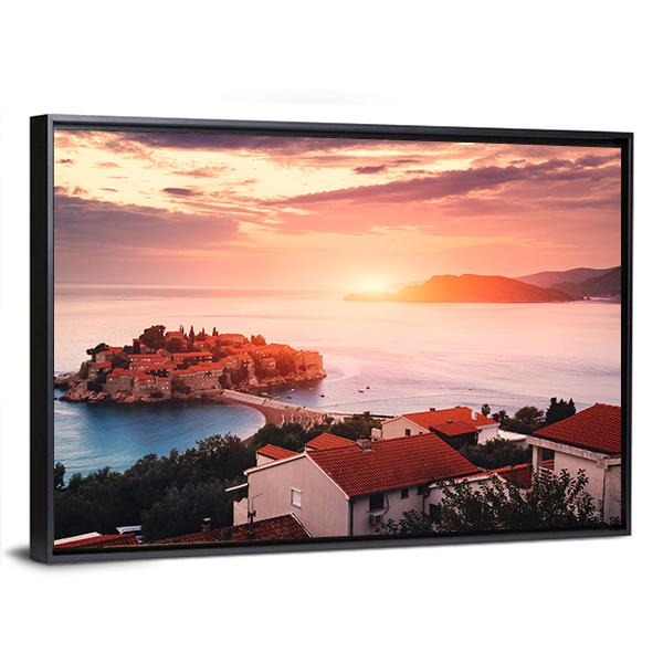 Sveti Stefan Island At Sunrise Canvas Wall Art-5 Horizontal-Gallery Wrap-22" x 12"-Tiaracle
