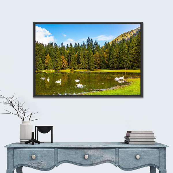 Swans In Lake In Northern Italy Canvas Wall Art-1 Piece-Floating Frame-24" x 16"-Tiaracle