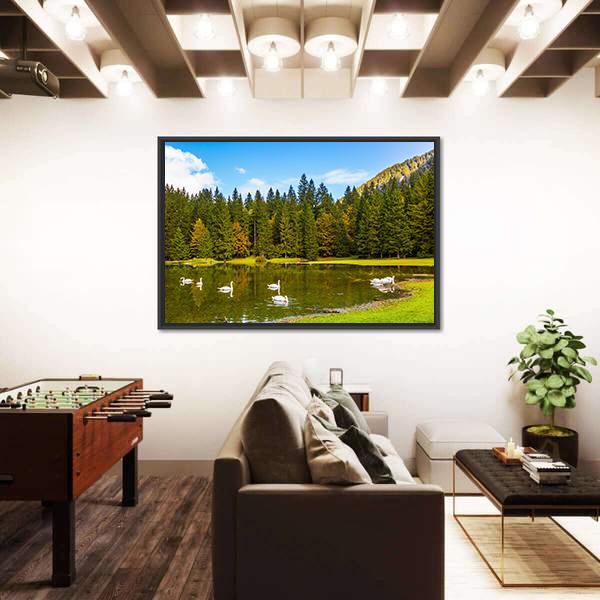Swans In Lake In Northern Italy Canvas Wall Art-3 Horizontal-Gallery Wrap-25" x 16"-Tiaracle
