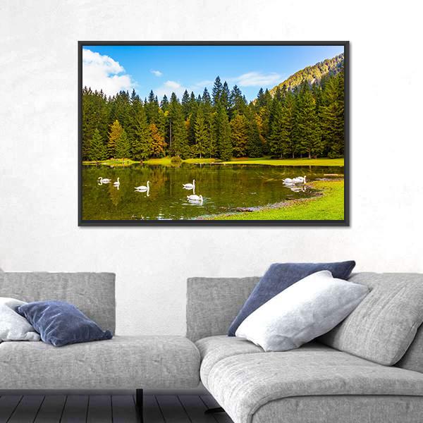 Swans In Lake In Northern Italy Canvas Wall Art-3 Horizontal-Gallery Wrap-25" x 16"-Tiaracle
