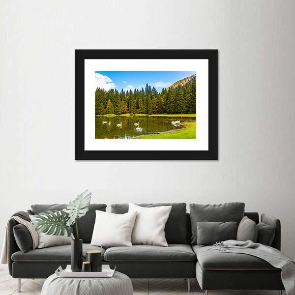Swans In Lake In Northern Italy Canvas Wall Art-3 Horizontal-Gallery Wrap-25" x 16"-Tiaracle
