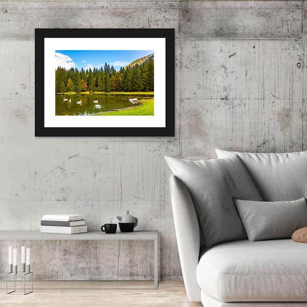 Swans In Lake In Northern Italy Canvas Wall Art-3 Horizontal-Gallery Wrap-25" x 16"-Tiaracle