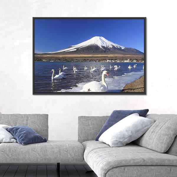 Swans Infront Of Mount Fuji Canvas Wall Art-5 Horizontal-Gallery Wrap-22" x 12"-Tiaracle
