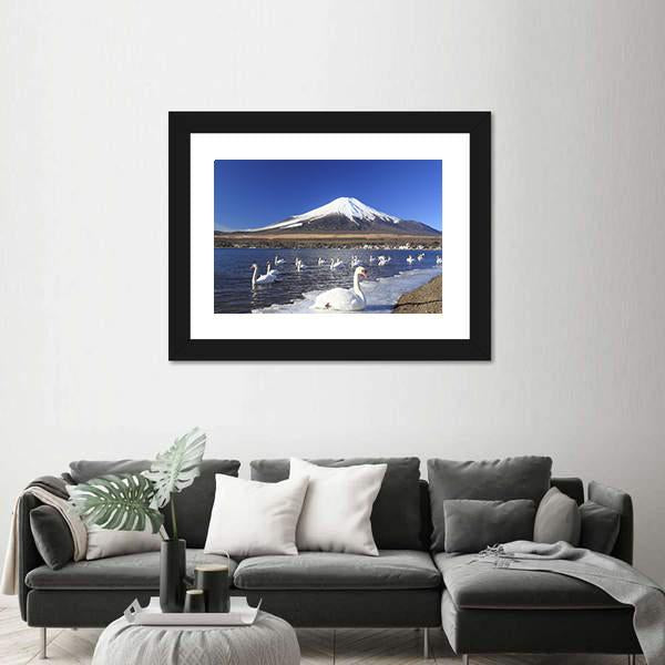 Swans Infront Of Mount Fuji Canvas Wall Art-5 Horizontal-Gallery Wrap-22" x 12"-Tiaracle