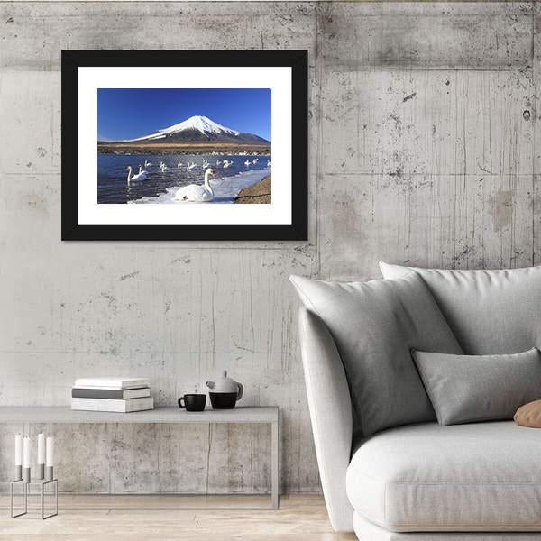 Swans Infront Of Mount Fuji Canvas Wall Art-5 Horizontal-Gallery Wrap-22" x 12"-Tiaracle