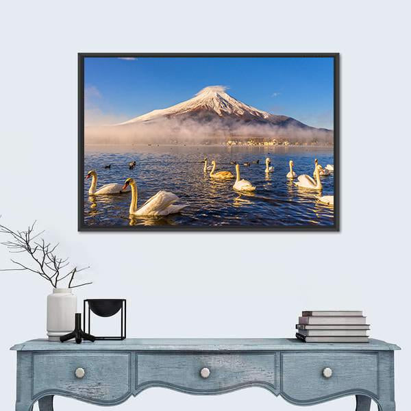 Swans Infront Of Mt Fuji Canvas Wall Art-1 Piece-Floating Frame-24" x 16"-Tiaracle