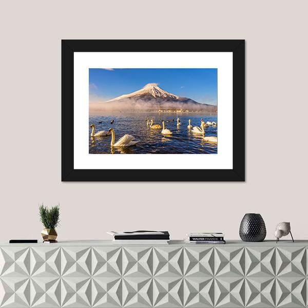 Swans Infront Of Mt Fuji Canvas Wall Art-1 Piece-Framed Print-20" x 16"-Tiaracle